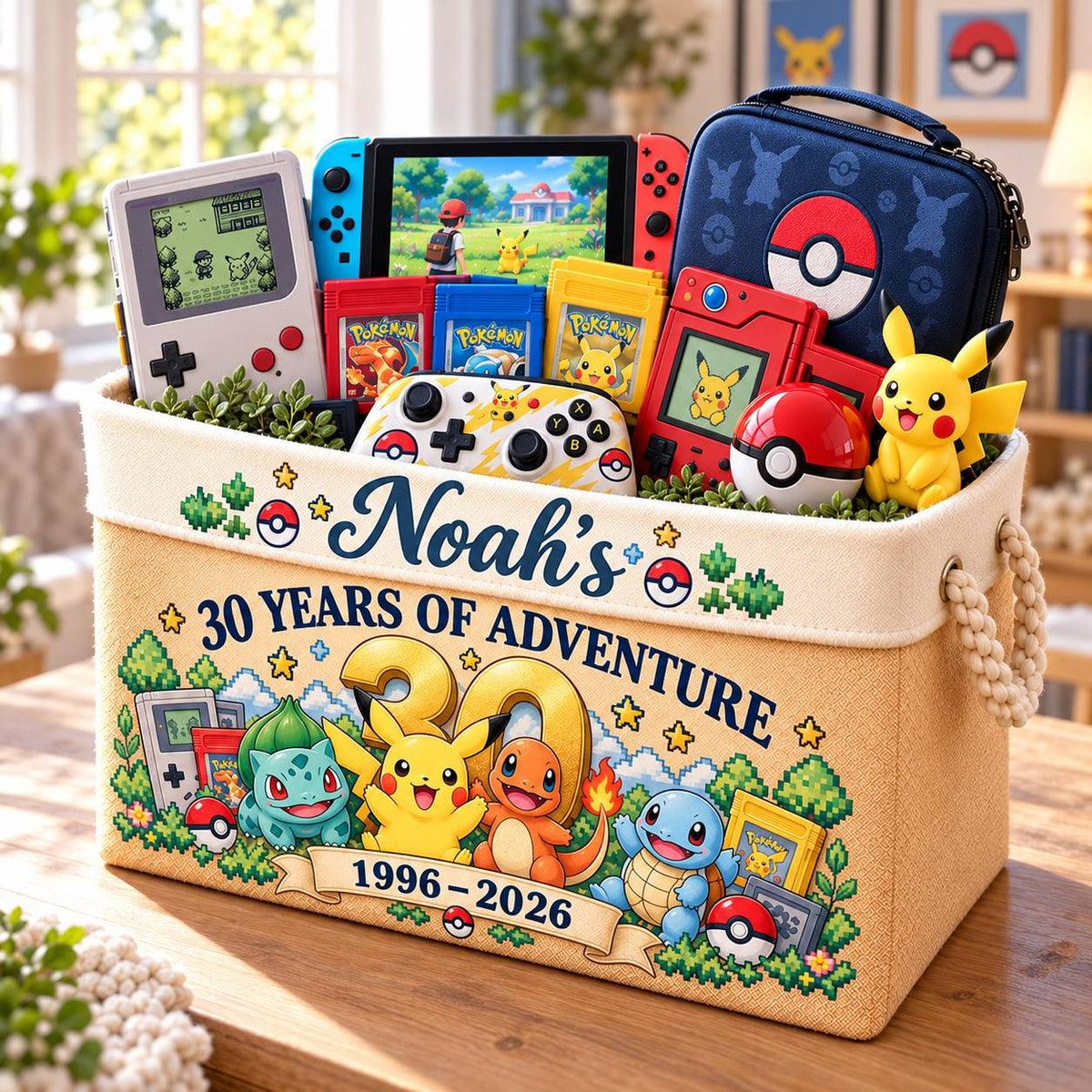 Personalized PKM 30th Anniversary Basket with Name, Storage Bin with Rope Handles