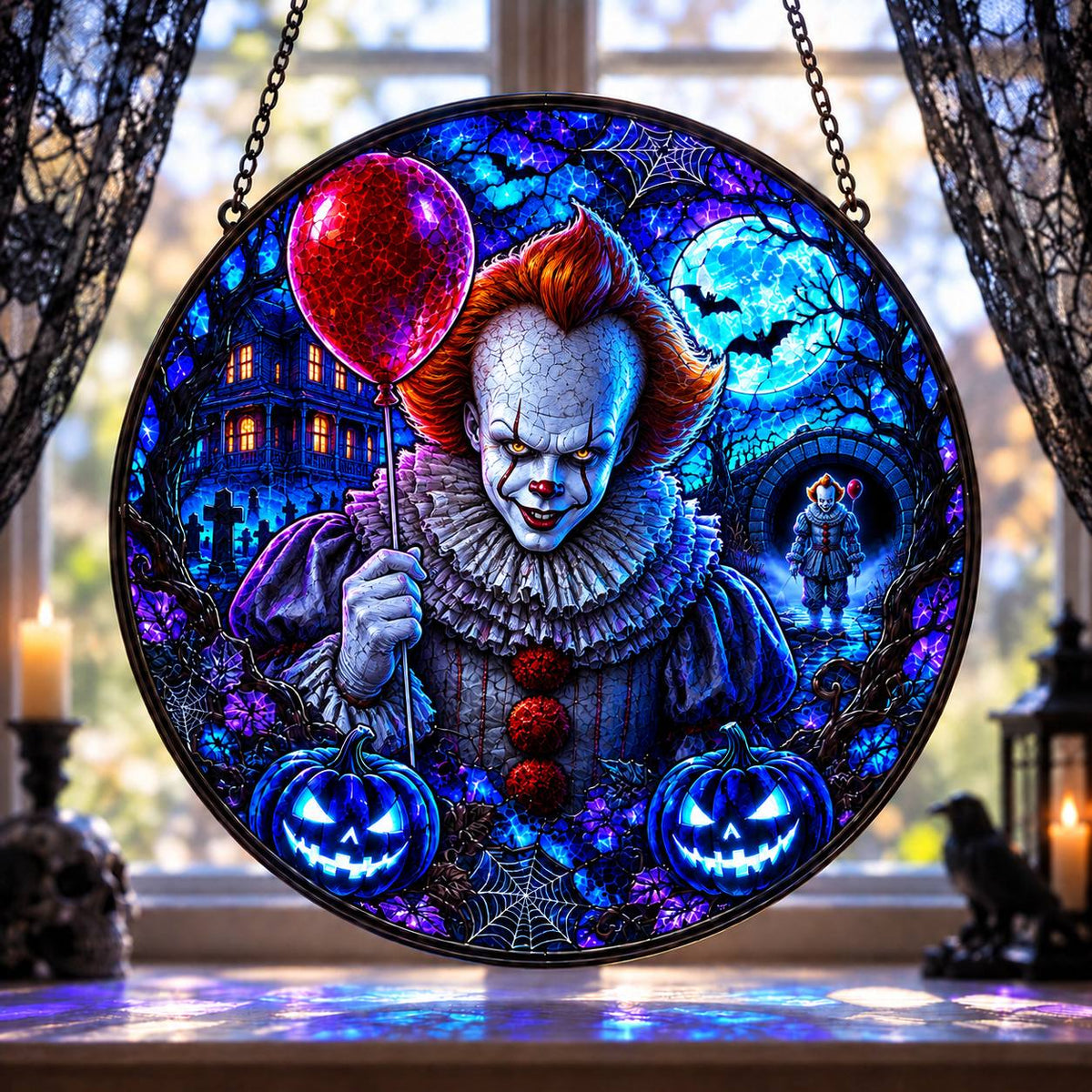 Halloween Neon Pennywise Glass Suncatcher