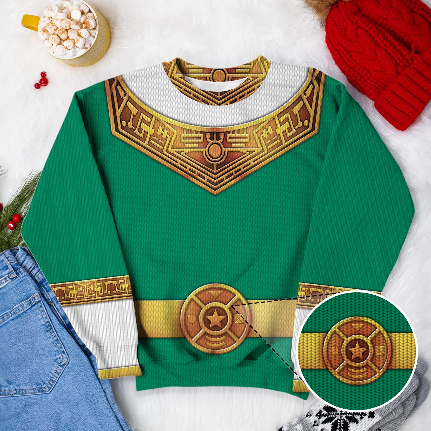 Green Power Rangers Zeo Ugly Christmas Custom Imitation Knitted Sweatshirt