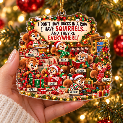 Personalized Squirrel Family Christmas Ornament, Custom Names Acrylic Keepsake, Funny Holiday Gift