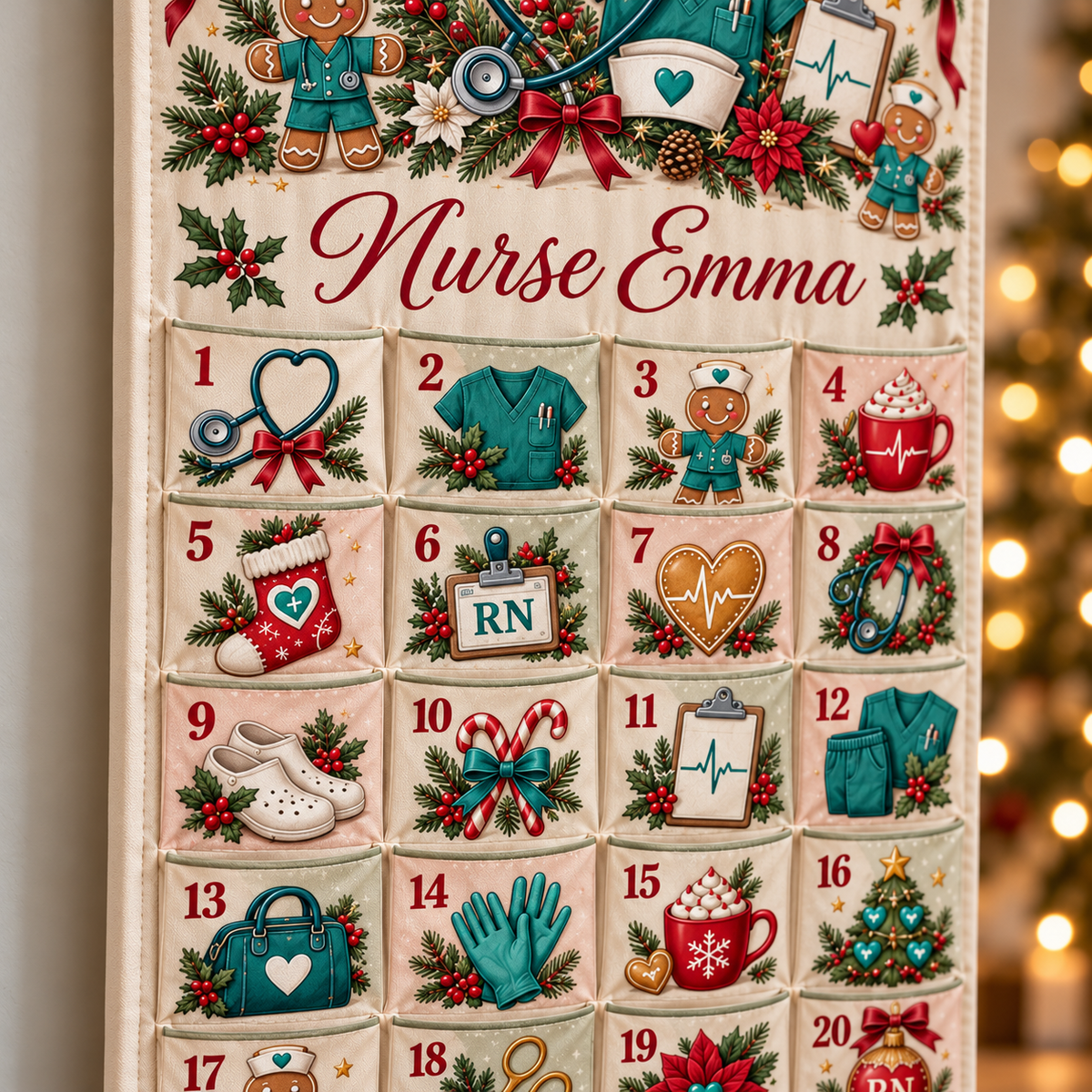 Personalized Nurse Advent Calendar, 24-Pocket Fabric Christmas Countdown, Custom Name Wall Hanging, Nurse Christmas Gift