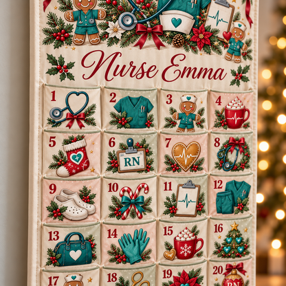 Personalized Nurse Advent Calendar, 24-Pocket Fabric Christmas Countdown, Custom Name Wall Hanging, Nurse Christmas Gift