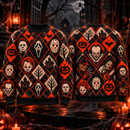 Horror Icons Halloween Argyle AOP T-Shirt Sweatshirt Hoodie