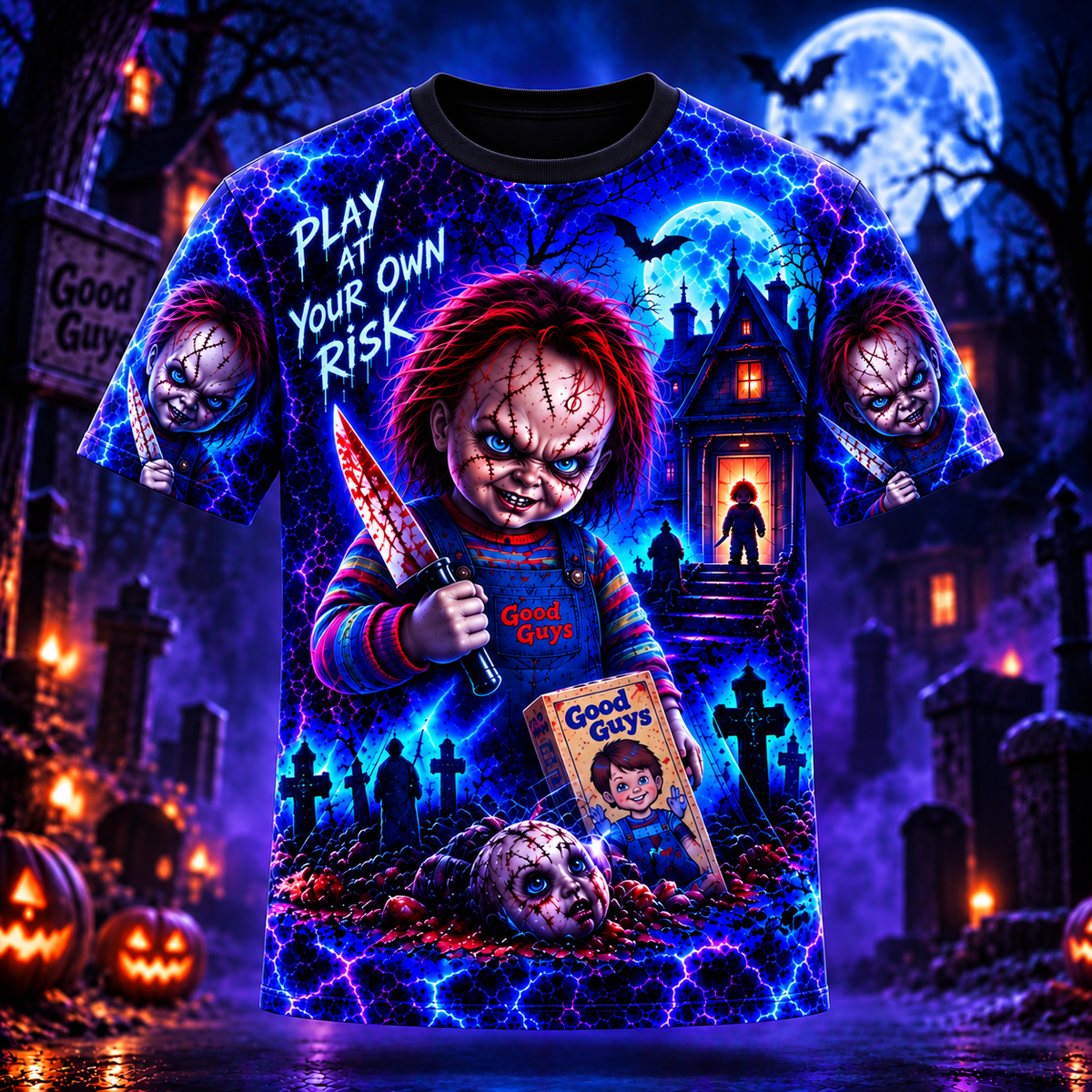 Halloween Neon Chucky AOP T-Shirt Sweatshirt Hoodie