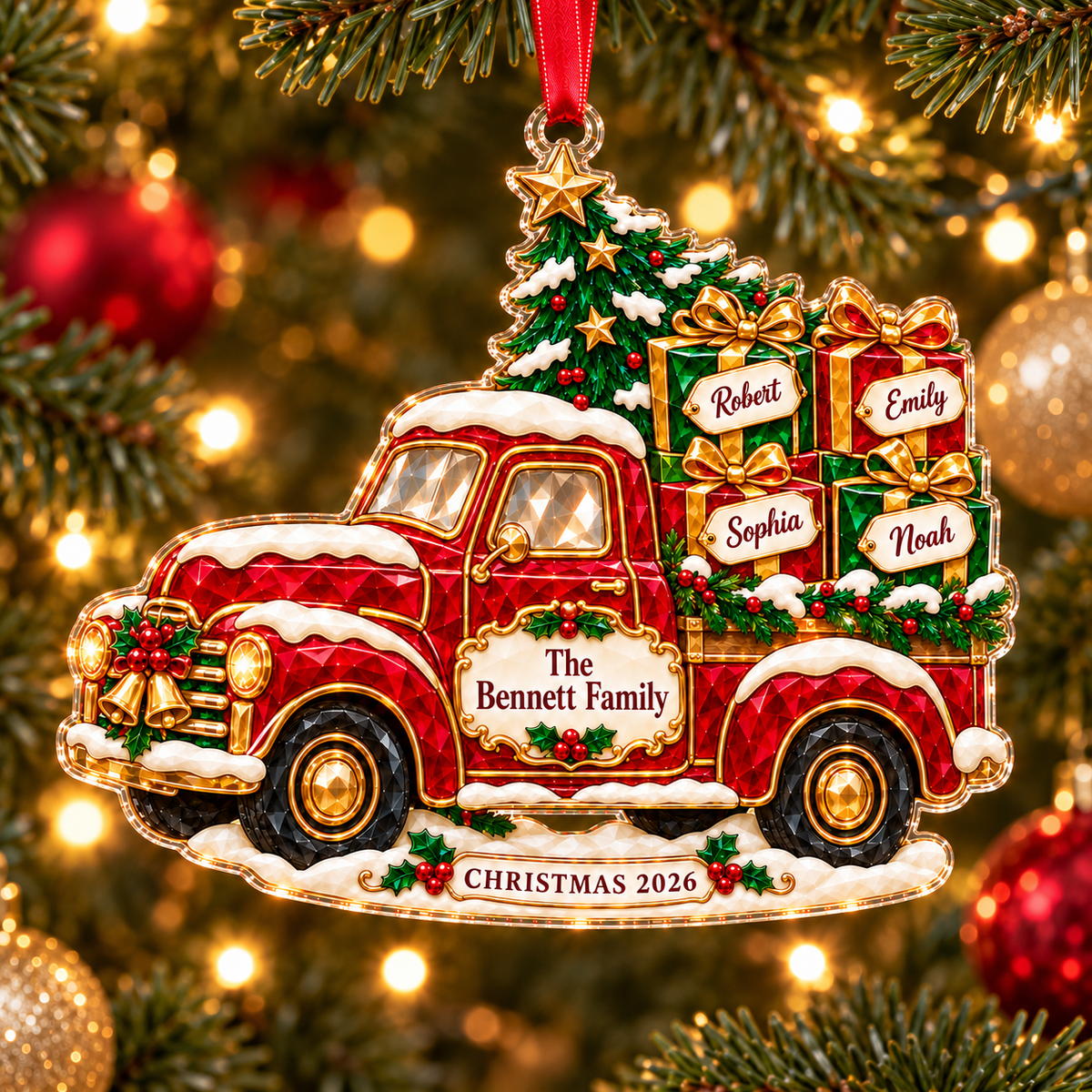Personalized Red Truck Christmas Acrylic & Glass Ornament with Family Names, Vintage Style Pickup