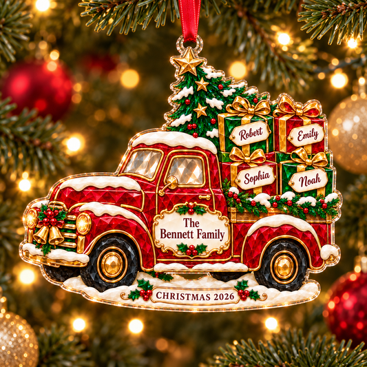 Personalized Red Truck Christmas Acrylic & Glass Ornament with Family Names, Vintage Style Pickup