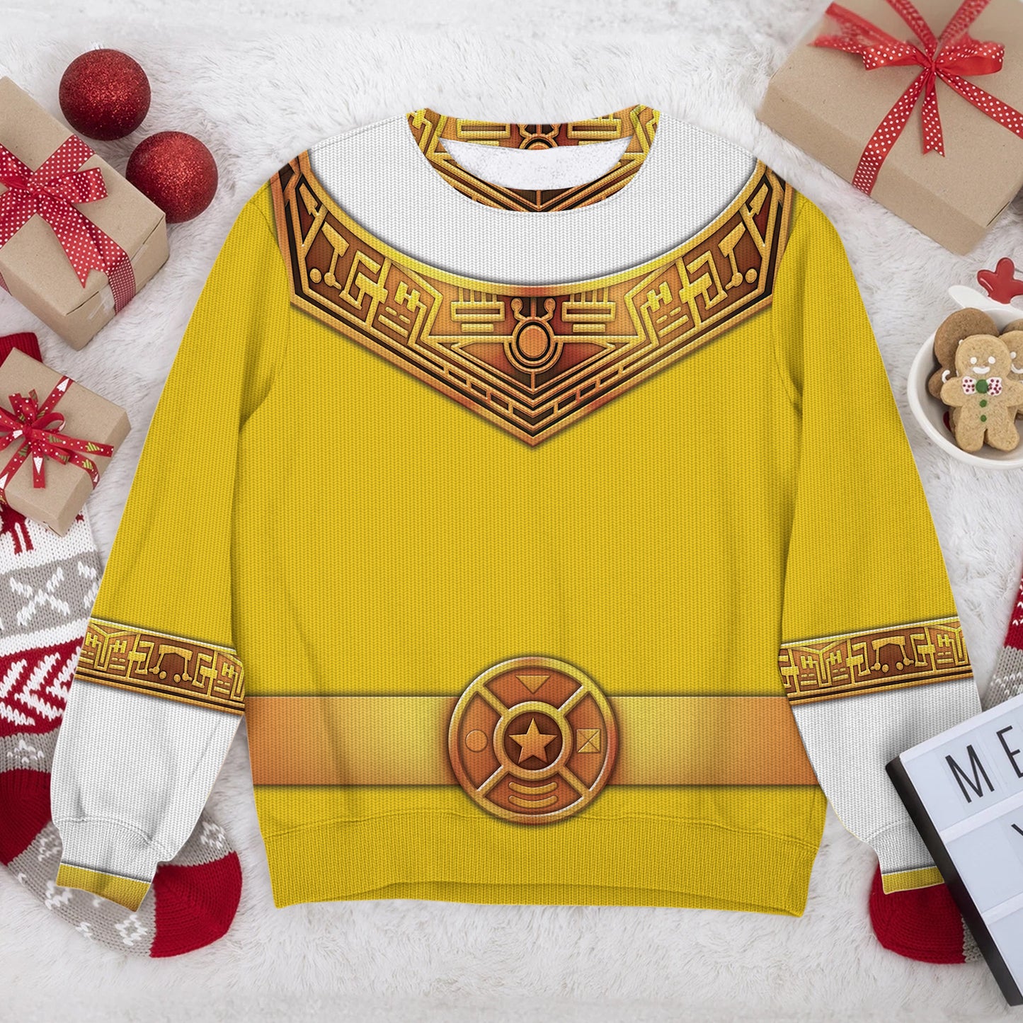 Yellow Power Rangers Zeo Ugly Christmas Custom Imitation Knitted Sweatshirt