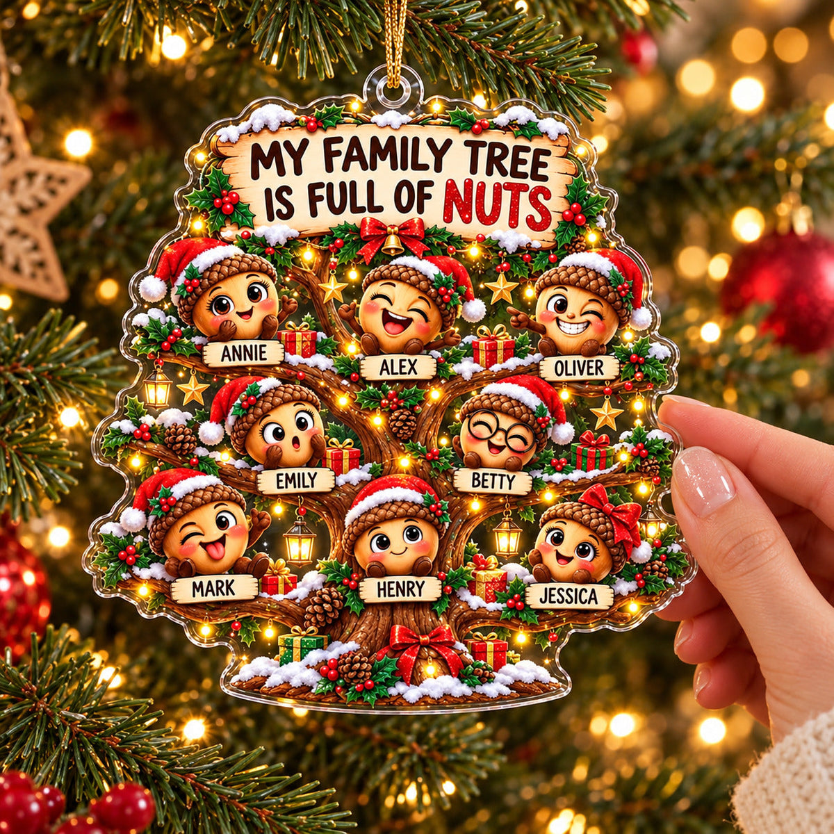 Personalized Acorn Family Christmas Ornament – “My Family Tree Is Full of Nuts” – Custom Names