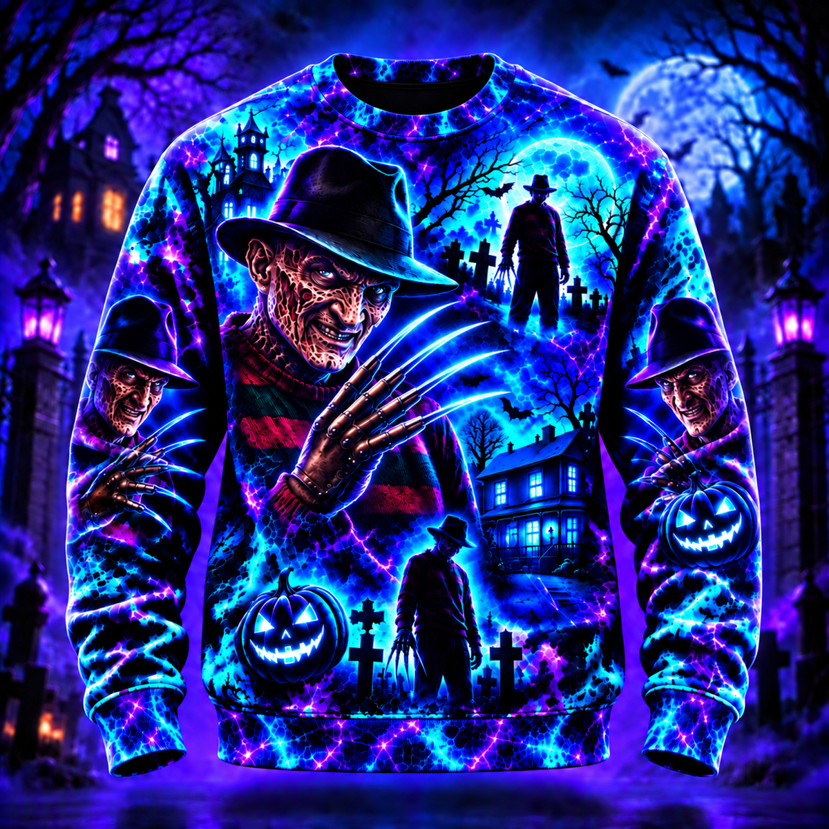 Halloween Neon Freddy AOP T-Shirt Sweatshirt Hoodie