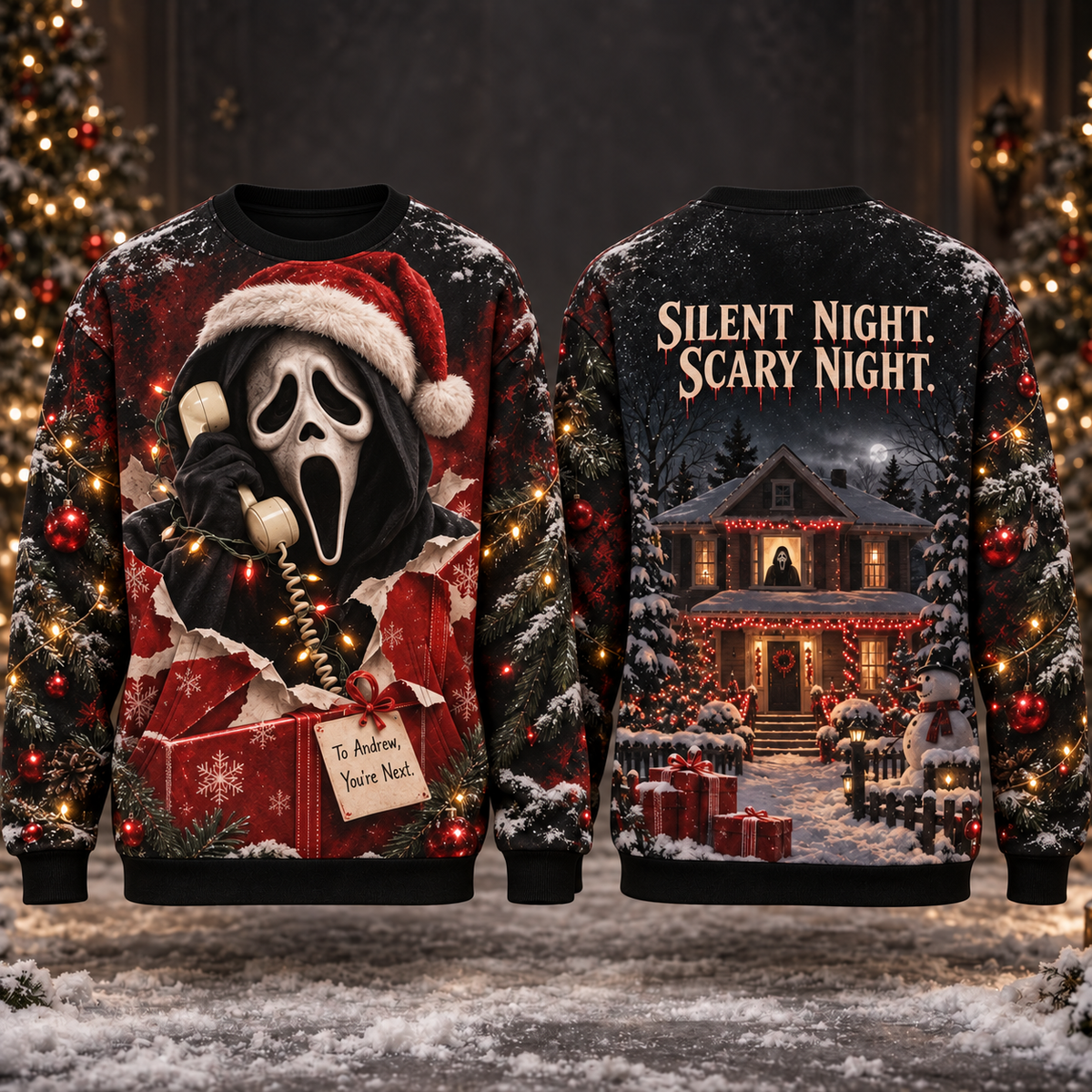 Personalized Your Name Christmas Scream AOP T-Shirt Sweatshirt Hoodie