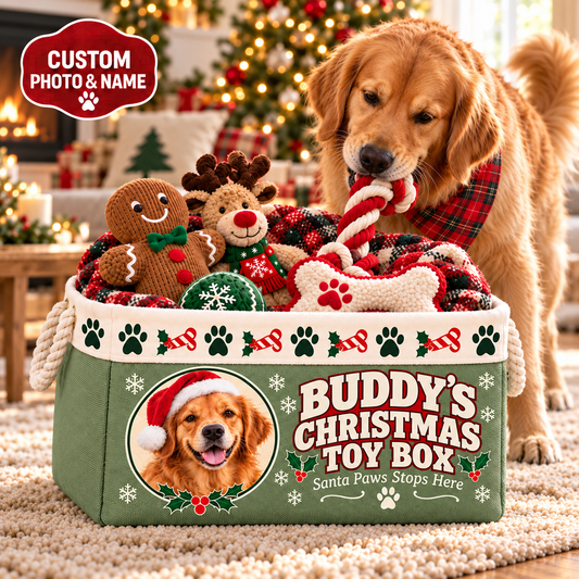 Personalized Dog Toy Basket with Photo & Name, Custom Pet Toy Storage Bin with Rope Handles
