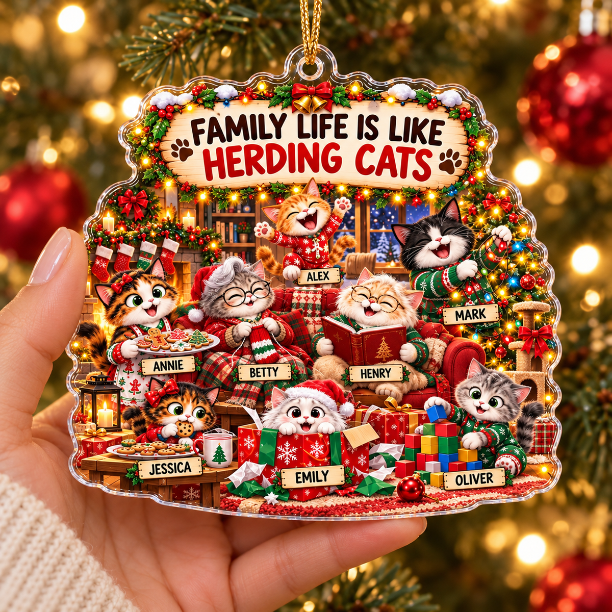 Personalized Cat Family Christmas Ornament, Custom Names Acrylic Keepsake, Funny Herding Cats Gift