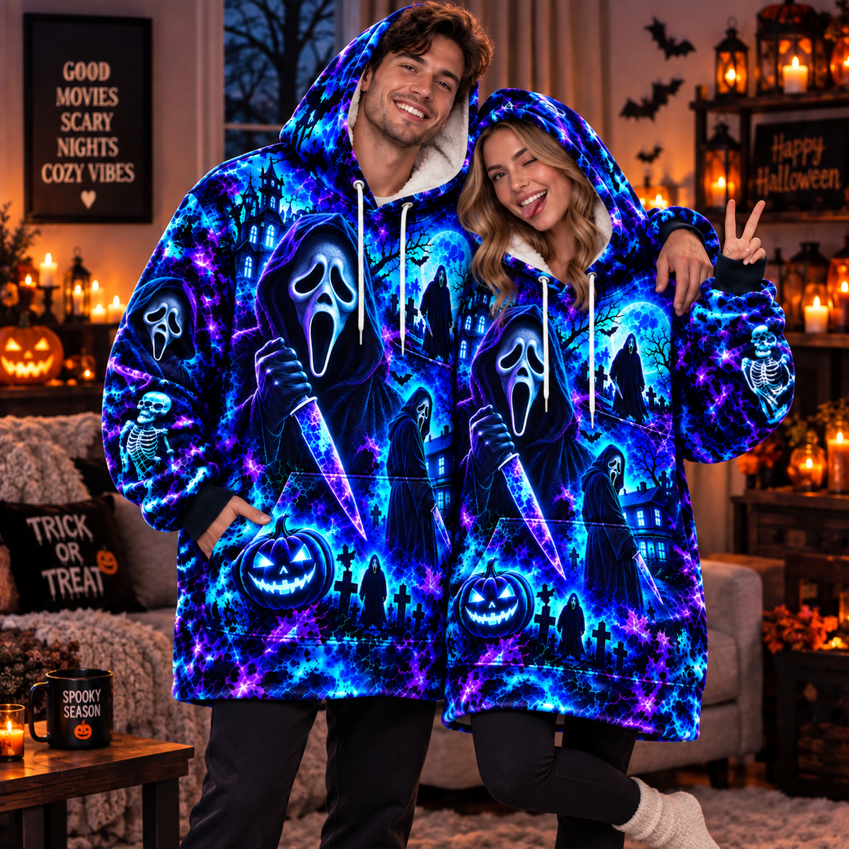 Halloween Neon Ghost Face AOP Blanket Hoodie