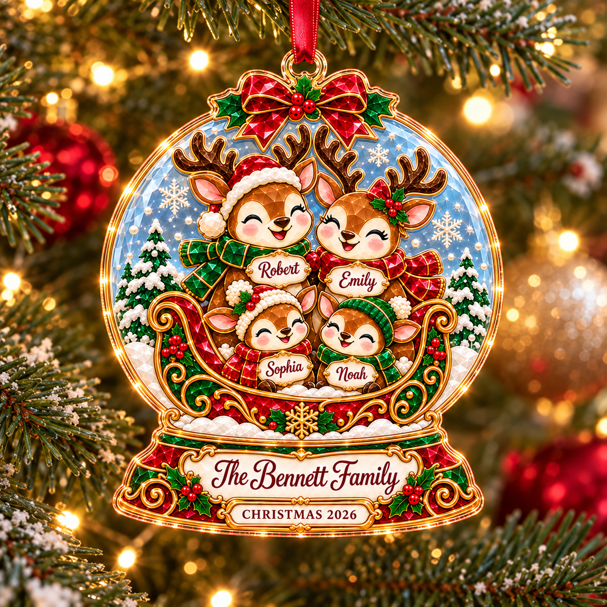 Personalized Reindeer Family Christmas Acrylic & Glass Ornament, Custom Name Snow Globe Ornament