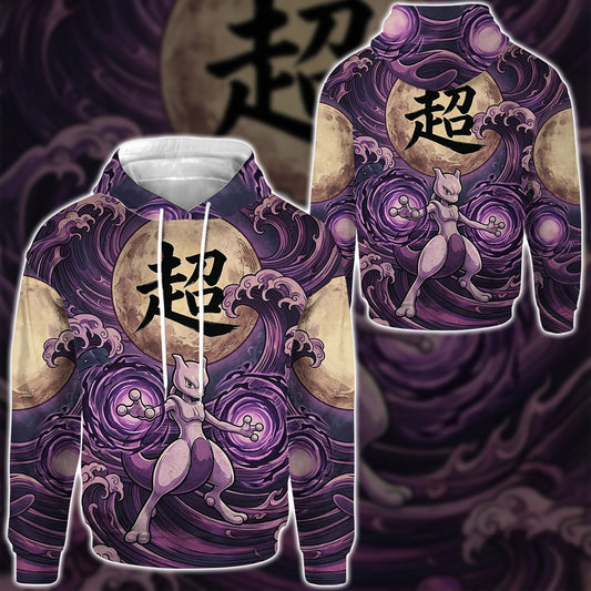 Anime PKM Mewtwo Japanese Kanji Aesthetic All Over Printed Sweatshirt Hoodie Zip Hoodie T-Shirt