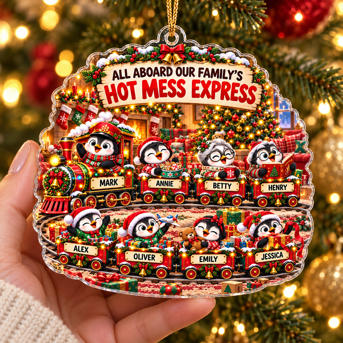 Personalized Penguin Family Christmas Ornament, Hot Mess Express Train, Custom Names Acrylic Keepsake