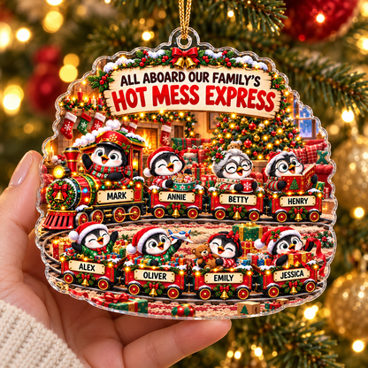 Personalized Penguin Family Christmas Ornament, Hot Mess Express Train, Custom Names Acrylic Keepsake