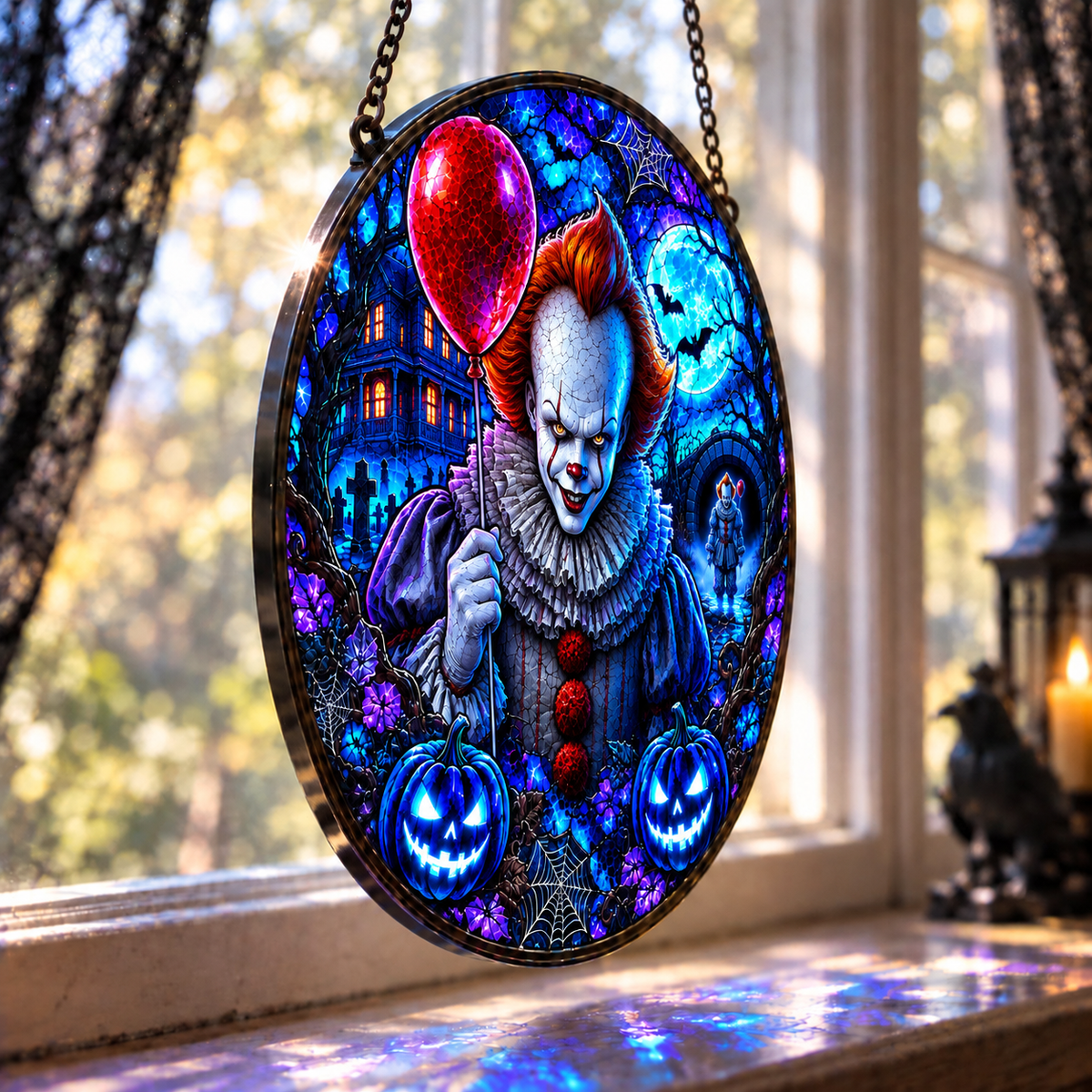 Halloween Neon Pennywise Glass Suncatcher