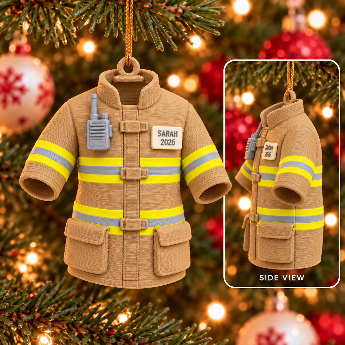 Personalized Firefighter Ornament, 3D Printed PLA Turnout Coat, Custom Name & Year Christmas Ornament, Firefighter Gift