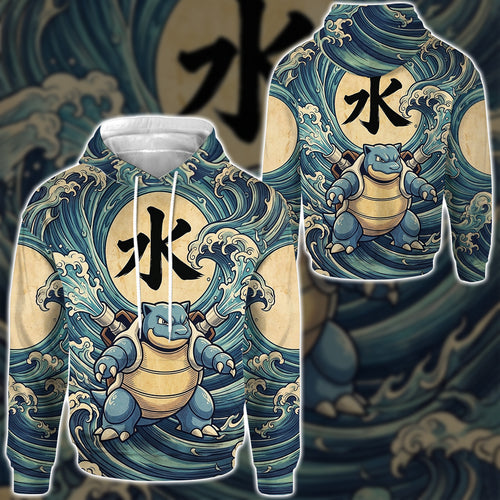 Anime PKM Blastoise Japanese Kanji Aesthetic All Over Printed Sweatshirt Hoodie Zip Hoodie T-Shirt