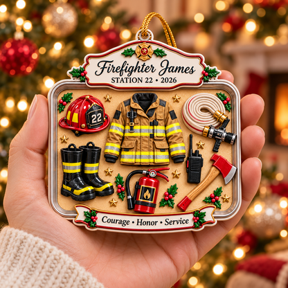Personalized 3D Raised Acrylic Fire Fighter Custom Name & Station Ornament