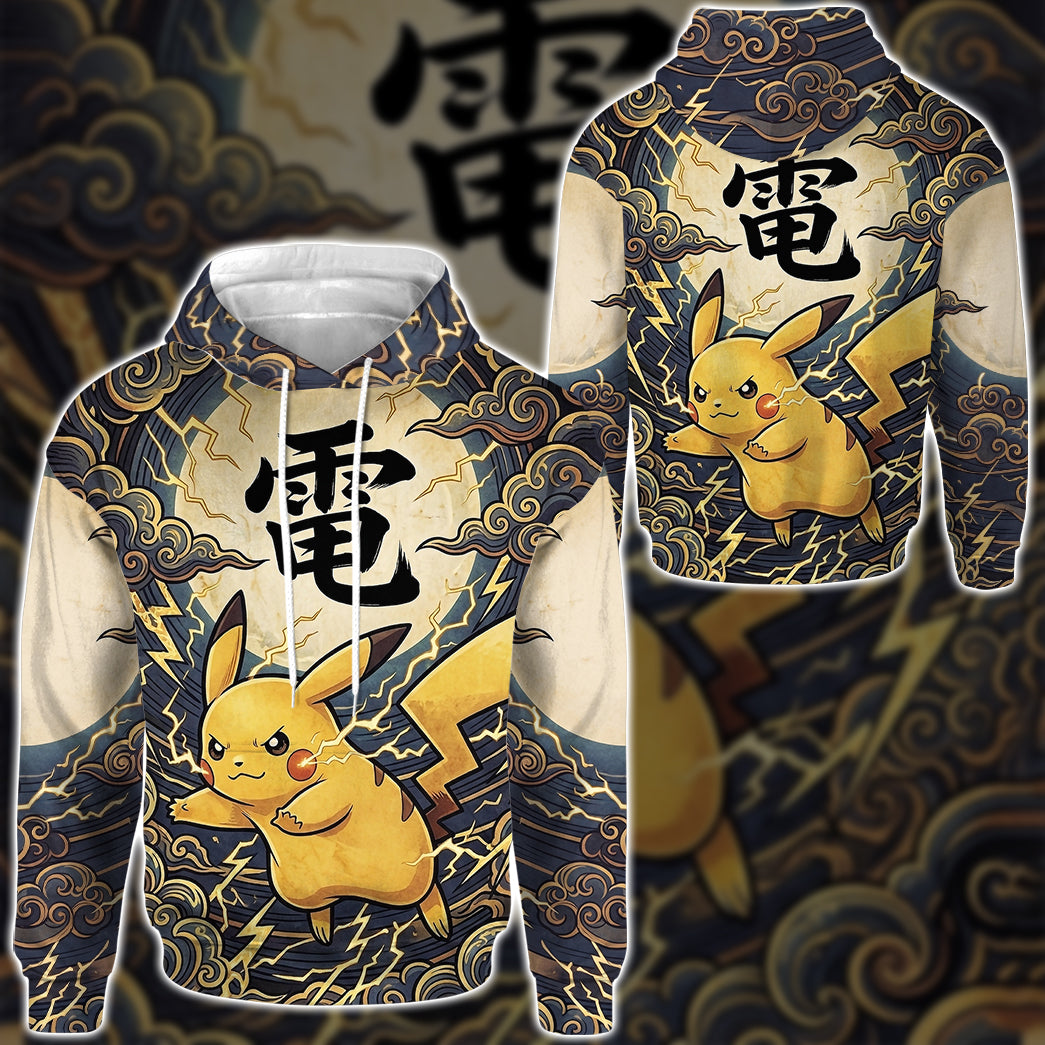 Anime PKM Pikachu Japanese Kanji Aesthetic All Over Printed Sweatshirt Hoodie Zip Hoodie T-Shirt
