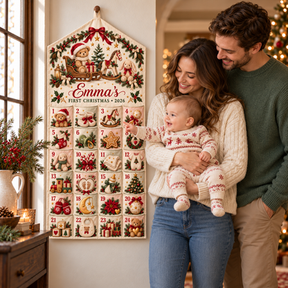 Personalized Baby’s First Christmas Advent Calendar, 24 Pocket Fabric Wall Hanging, Custom Name and Year