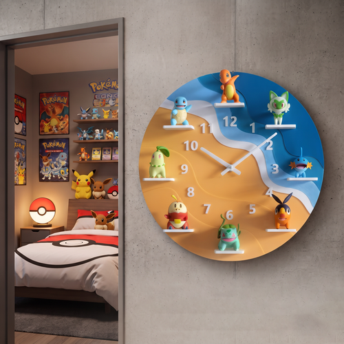 Pokémon 3D Wall Clock with Starter Characters, Gaming Room Decor, Gift for Pokémon Fans