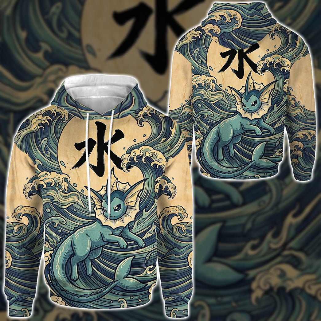 Anime PKM Vaporeon Japanese Kanji Aesthetic All Over Printed Sweatshirt Hoodie Zip Hoodie T-Shirt
