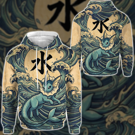 Anime PKM Vaporeon Japanese Kanji Aesthetic All Over Printed Sweatshirt Hoodie Zip Hoodie T-Shirt