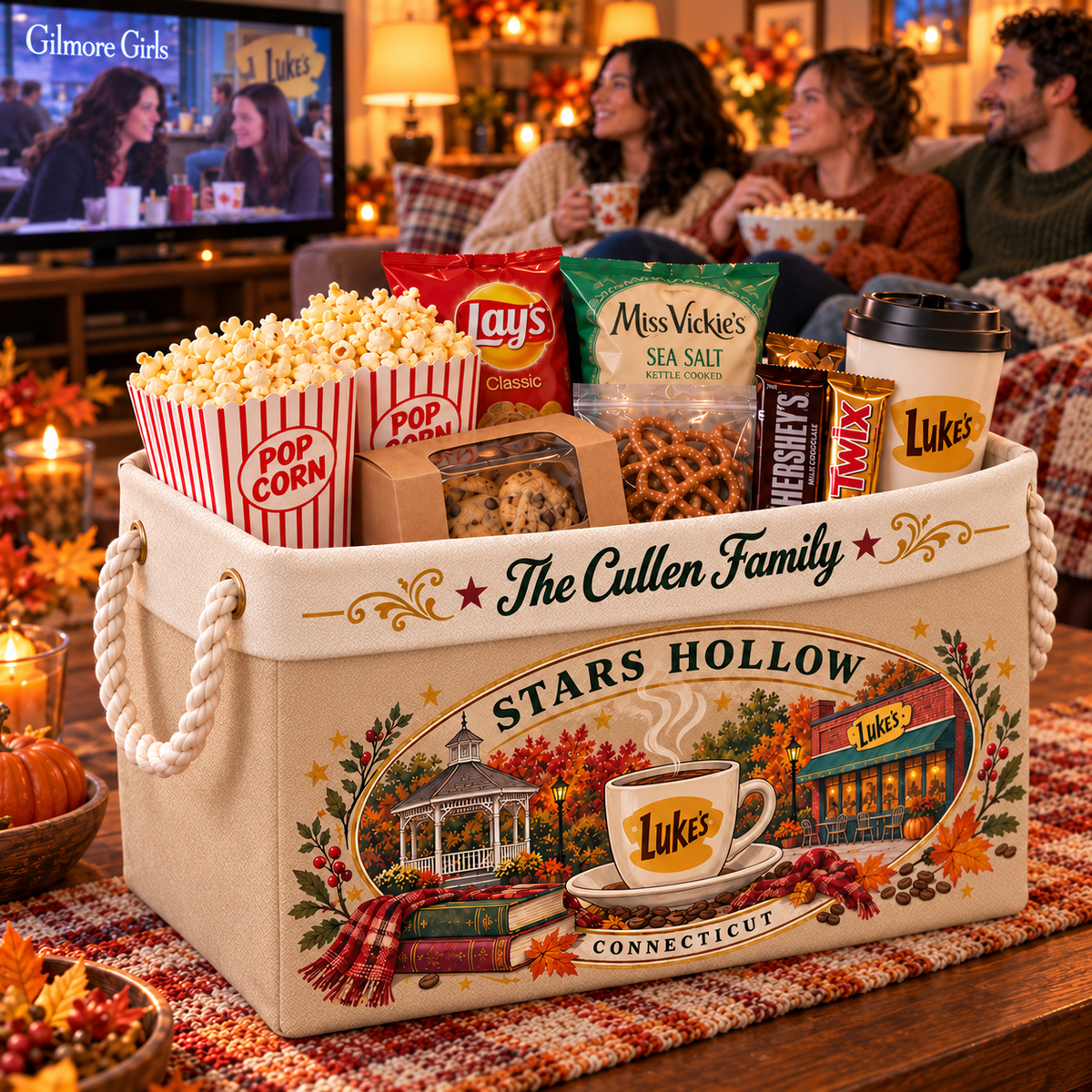 Personalized Stars Hollow Basket with Family Name, Storage Bin with Rope Handles