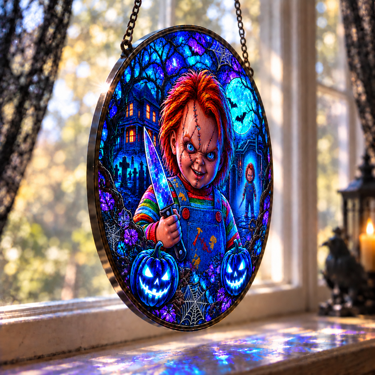 Halloween Neon Chucky Glass Suncatcher