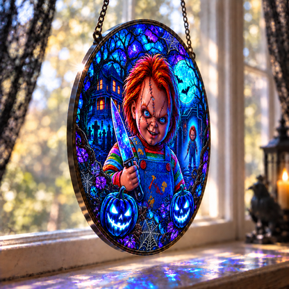 Halloween Neon Chucky Glass Suncatcher