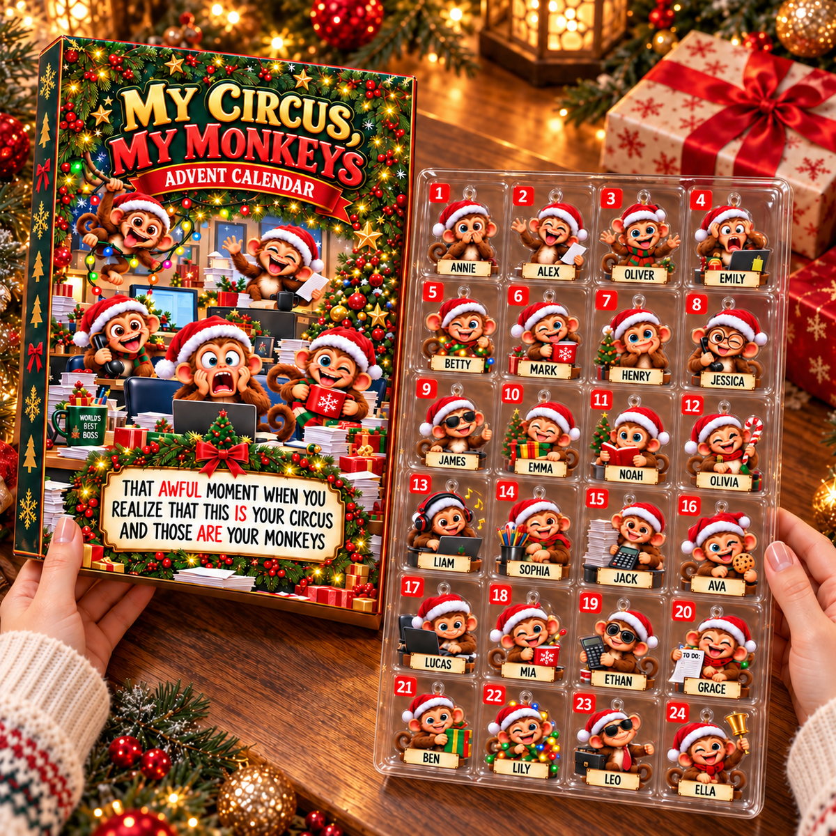 Personalized Monkey Advent Calendar, 24 Acrylic Ornaments with Custom Names, Funny Office Christmas Gift