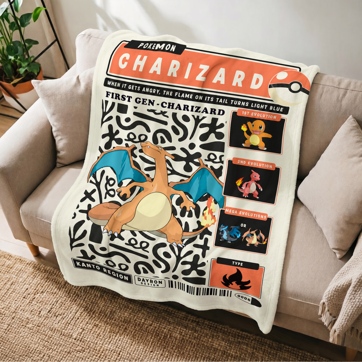PKM Charizard Evolution Retro Fleece Blanket