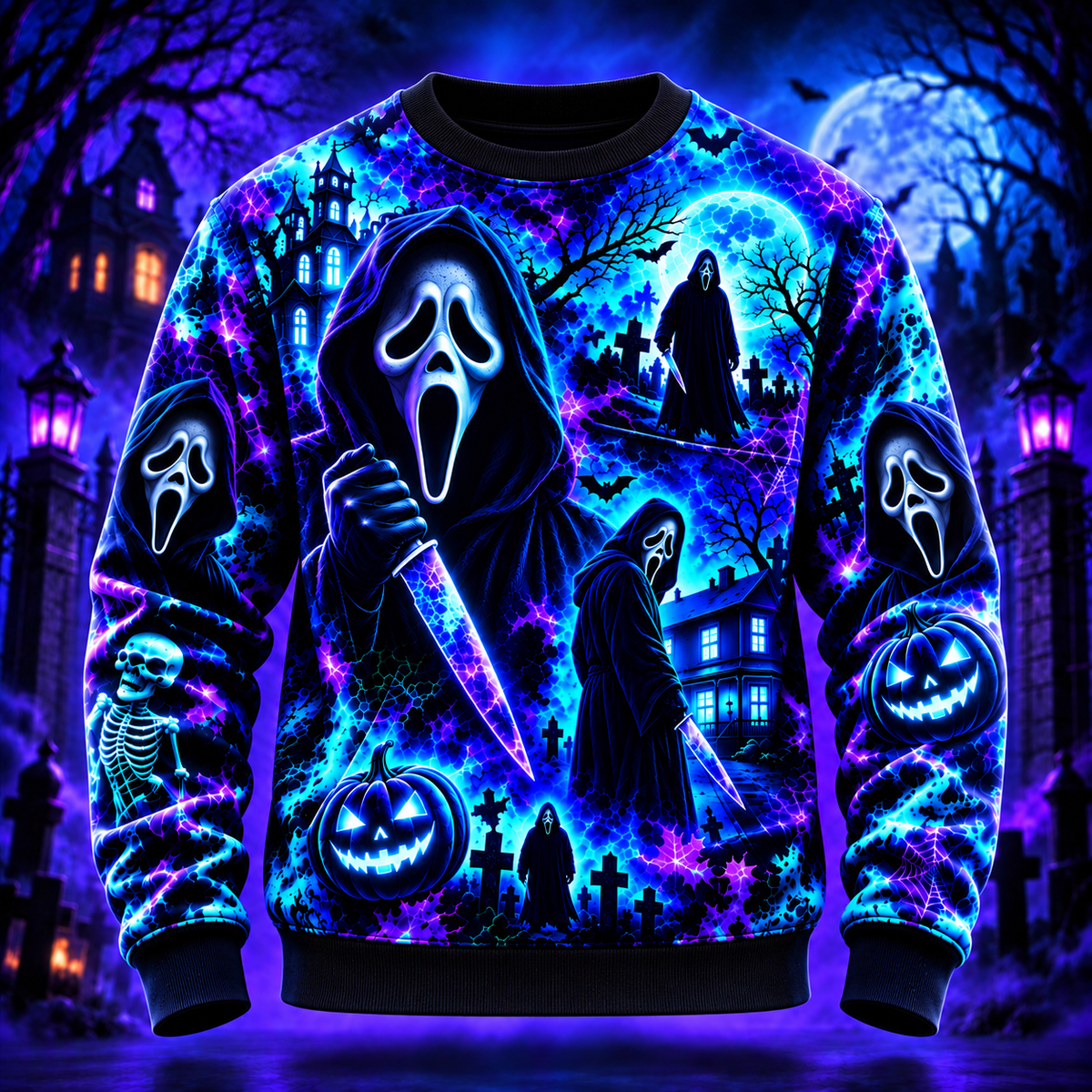 Halloween Neon Ghost Face AOP T-Shirt Sweatshirt Hoodie