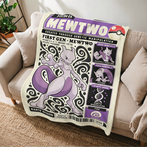 PKM Mewtwo Evolution Retro Fleece Blanket