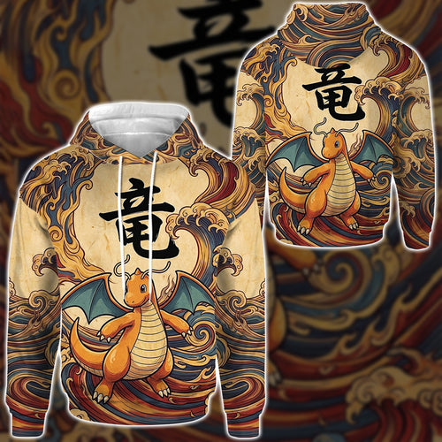Anime PKM Dragonite Japanese Kanji Aesthetic All Over Printed Sweatshirt Hoodie Zip Hoodie T-Shirt