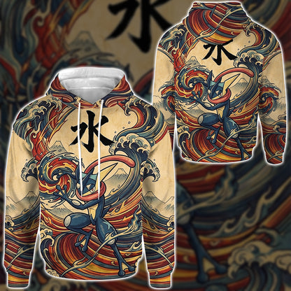 Anime PKM Greninja Japanese Kanji Aesthetic All Over Printed Sweatshirt Hoodie Zip Hoodie T-Shirt