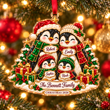 Personalized Penguin Family Christmas Acrylic & Glass Ornament