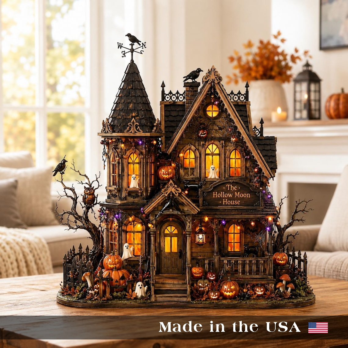 Personalized Halloween Haunted House Custom Family Name 3-Layer Wooden Block