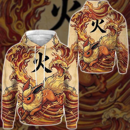 Anime PKM Flareon Japanese Kanji Aesthetic All Over Printed Sweatshirt Hoodie Zip Hoodie T-Shirt