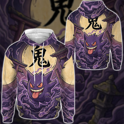 Anime PKM Gengar Japanese Kanji Aesthetic All Over Printed Sweatshirt Hoodie Zip Hoodie T-Shirt
