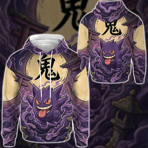 Anime PKM Gengar Japanese Kanji Aesthetic All Over Printed Sweatshirt Hoodie Zip Hoodie T-Shirt