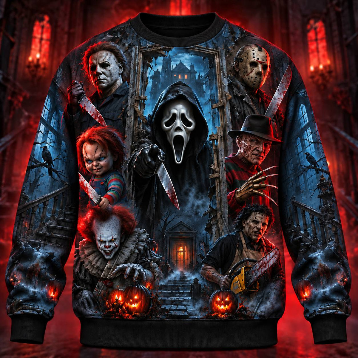 Horror Icons Haunted Mansion AOP T-Shirt Sweatshirt Hoodie