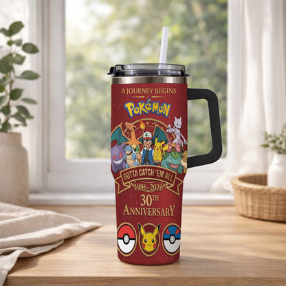 Anime Monster Trainer 30th Anniversary Tumbler, Red Adventure Begins Travel Cup, 1996–2026 Gaming Inspired Tumbler With Handle