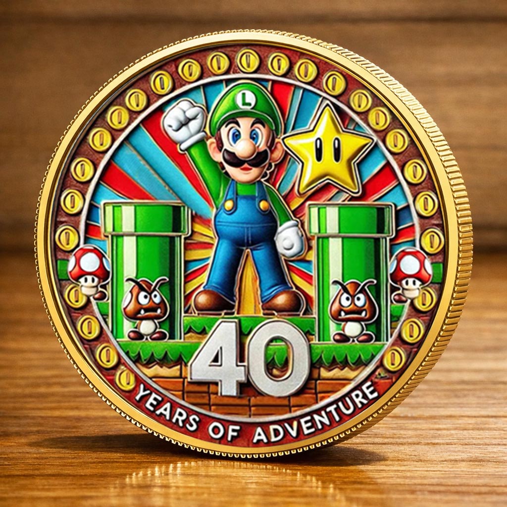 Super Mario 40th Anniversary Printed Commemorative Coin With Pocket Hug Leather Keychain