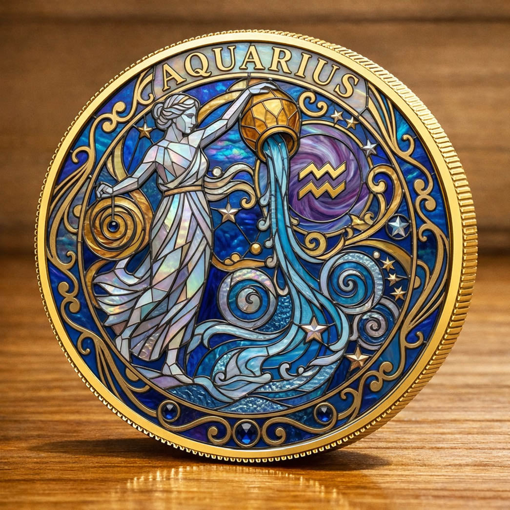 Tarot Zodiac Aquarius Sign Stained Glass Printed Commemorative Coin