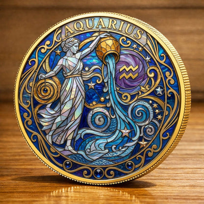 Tarot Zodiac Aquarius Sign Stained Glass Printed Commemorative Coin