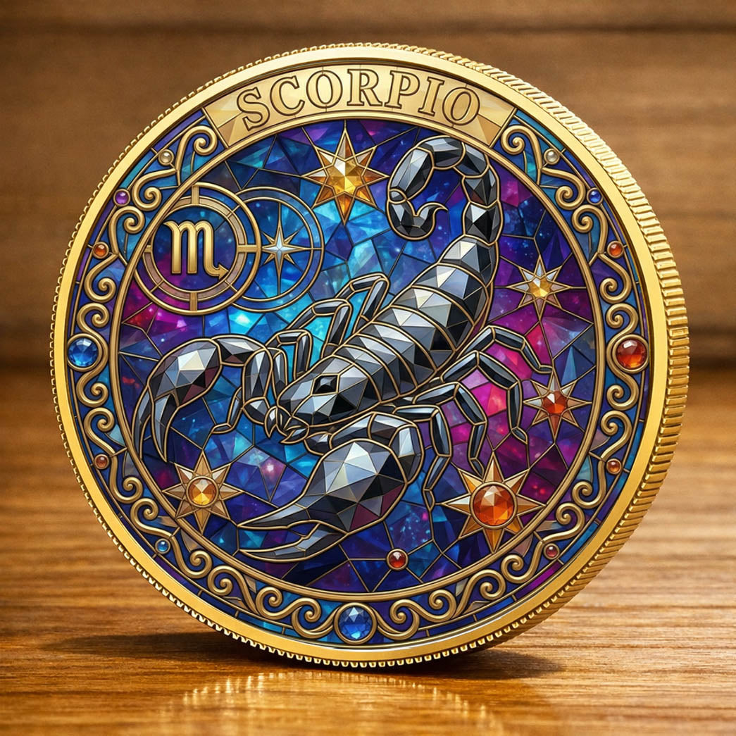 Tarot Zodiac Scorpio Sign Stained Glass Printed Commemorative Coin